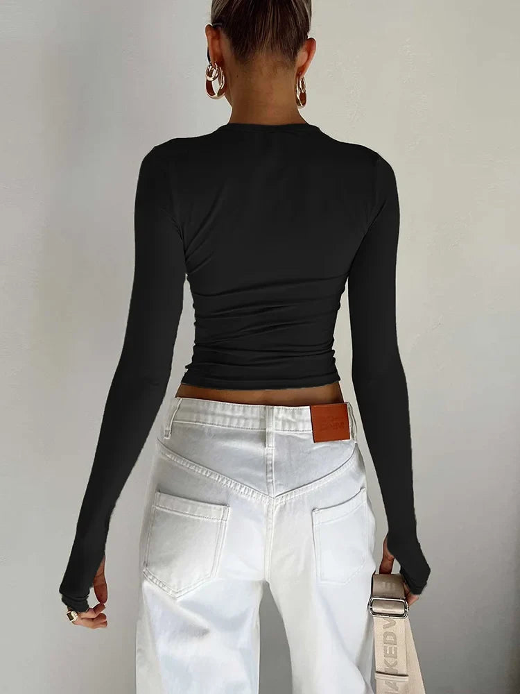 T-shirt Long Sleeve Crew Neck Solid Slim Fit Ladies Crop Top