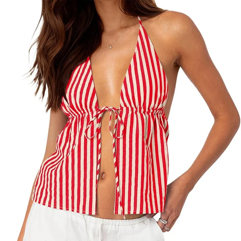Striped Front Tie Up Halter Neck Cami Sexy Low Cut Backless Crop Tops