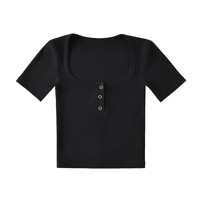Button Front Short Sleeved Crop T-shirt