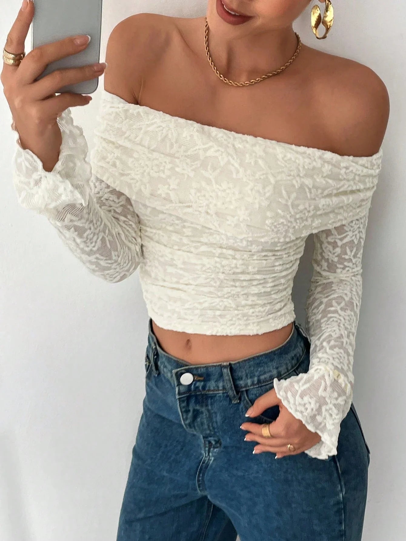 Women's Elegant Lace Sheer Off Shoulder Falre Sleeve Top