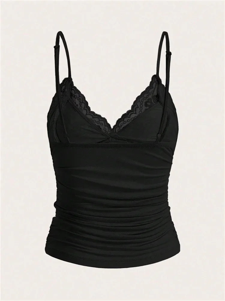 Sexy Contrast Lace Bow Front Crop Cami Top