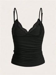 Sexy Contrast Lace Bow Front Crop Cami Top