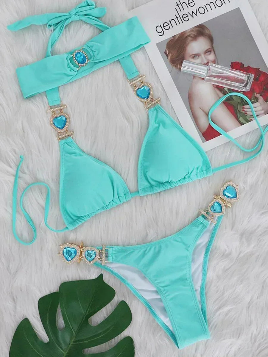 3PCS Halter Jewelled Diamond Bikini