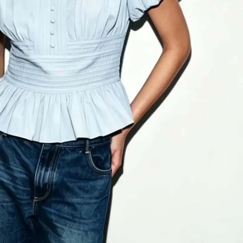 Solid Color Short Bubble Sleeve Smocked Waist Crop Top