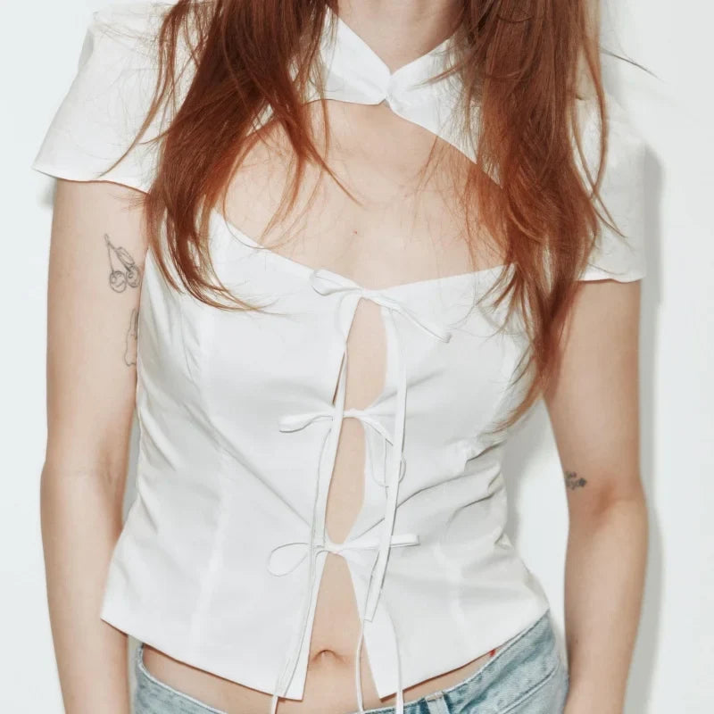 Vintage Polka Dot O-Neck Short Sleeve Slim Cropped Shirt Going Out Tops