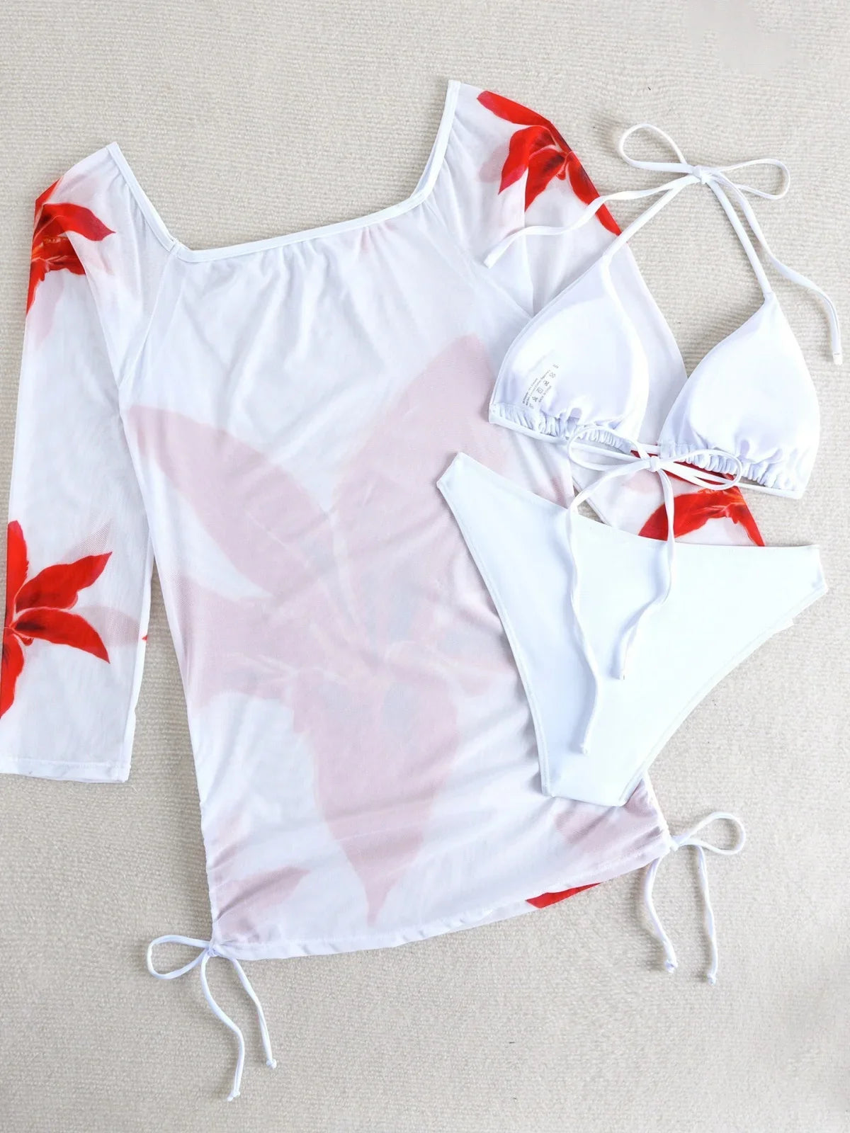 Sexy White Red Floral Print Bikini Set
