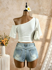 Diagonal One Shoulder Eyelet Ring Decor Short Sleeve Crop Top