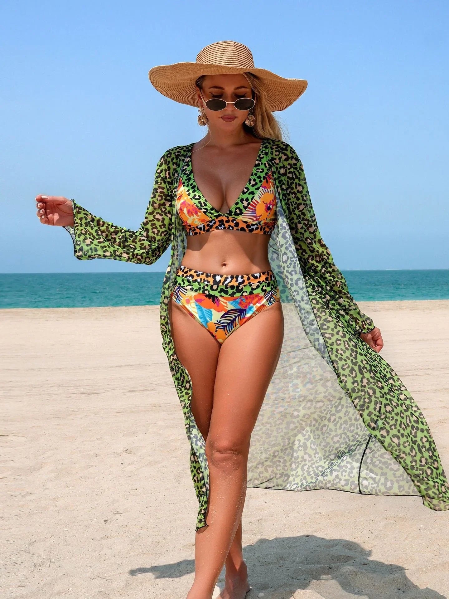 Vintage Leopard Print Long Sleeve Cover Up 3 Piece Swimsuit
