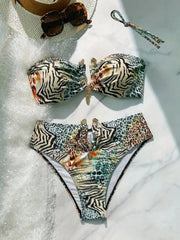 Metal V Wire Zebra Tiger Print Push Up High Waist Swimsuit