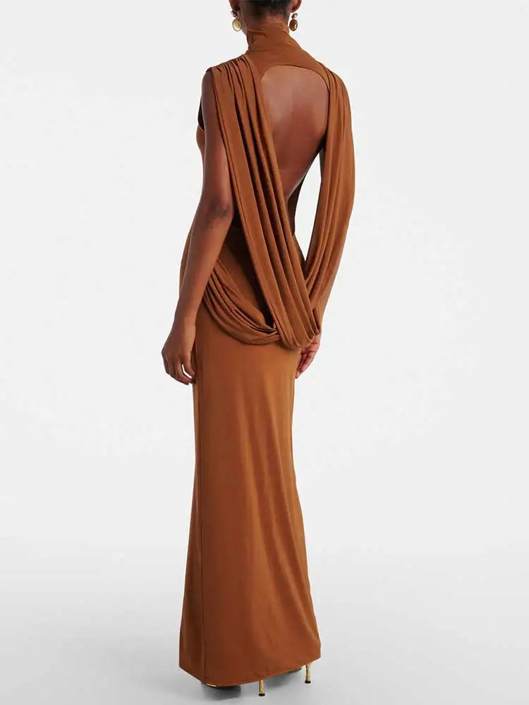 High Collar Backless Maxi Dress