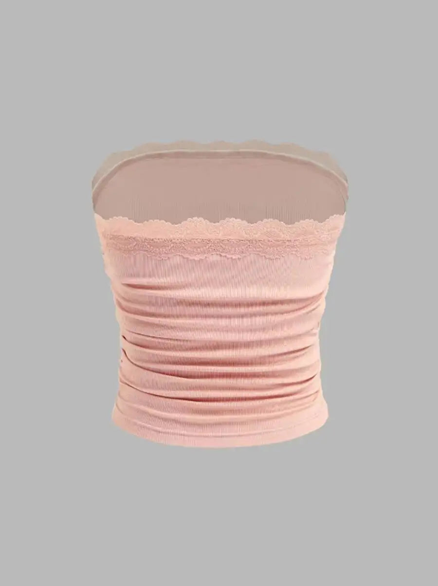 Sweet Pink Lace Trim Bow Strapless Tube Top