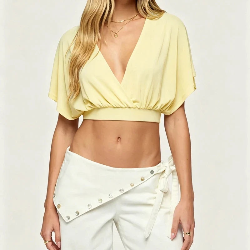 Wrap V-Neck Batwing Crop Top