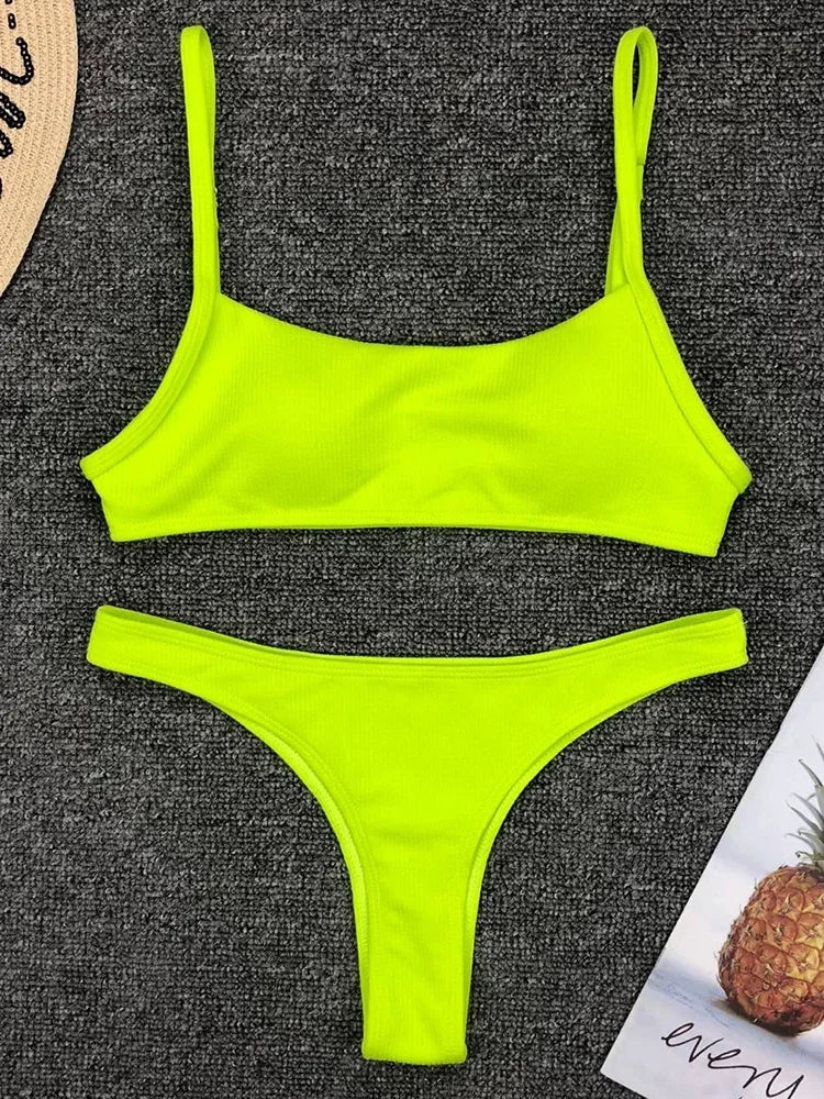 Sexy Neon Yellow Ribbed Brazilian Bikini