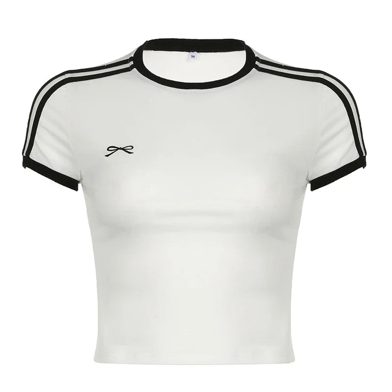 Contrast Embroidered Bow Crop Top