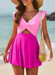 Swimwear Women Hot Pink Patchwork Skirt Two Piece Beach Swimsuit