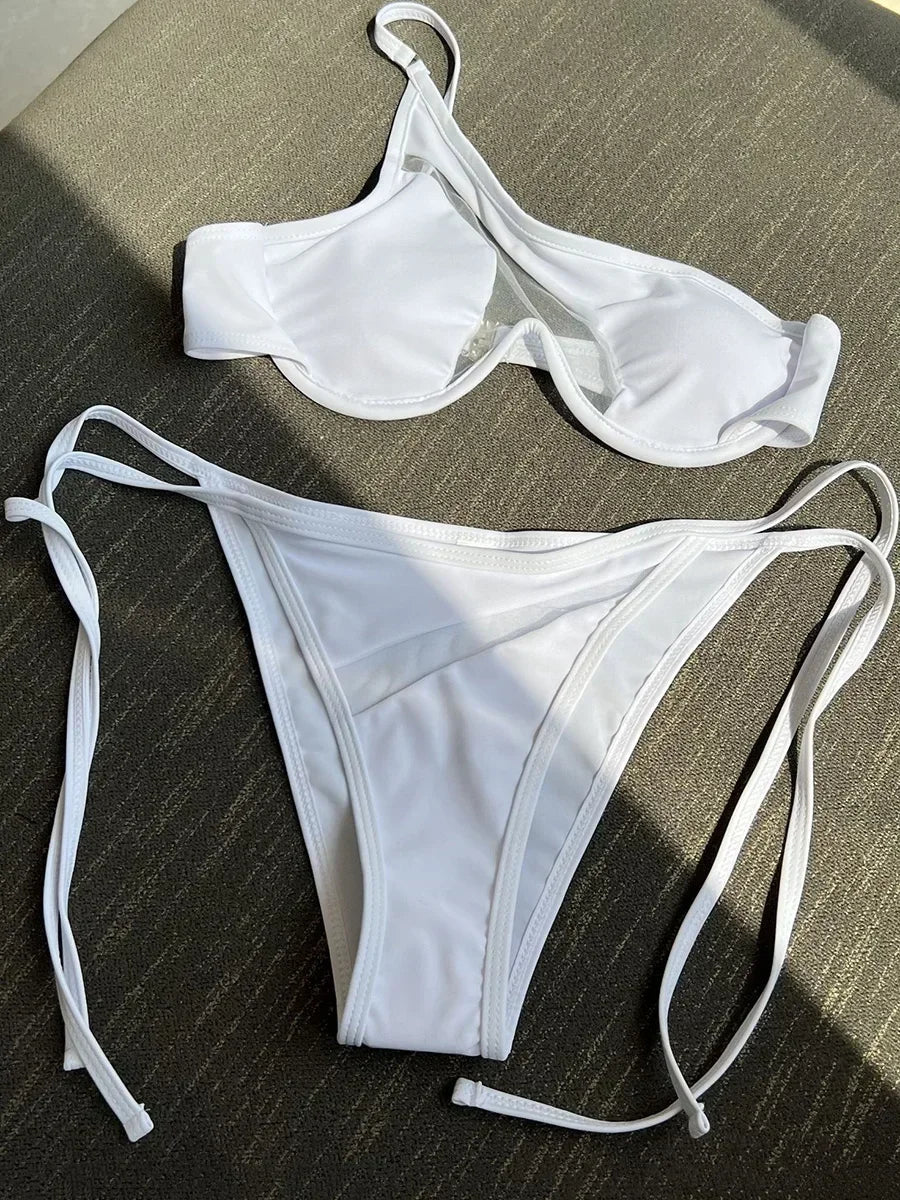 Splicing Mesh One Shoulder Underwire V-bar Bikini