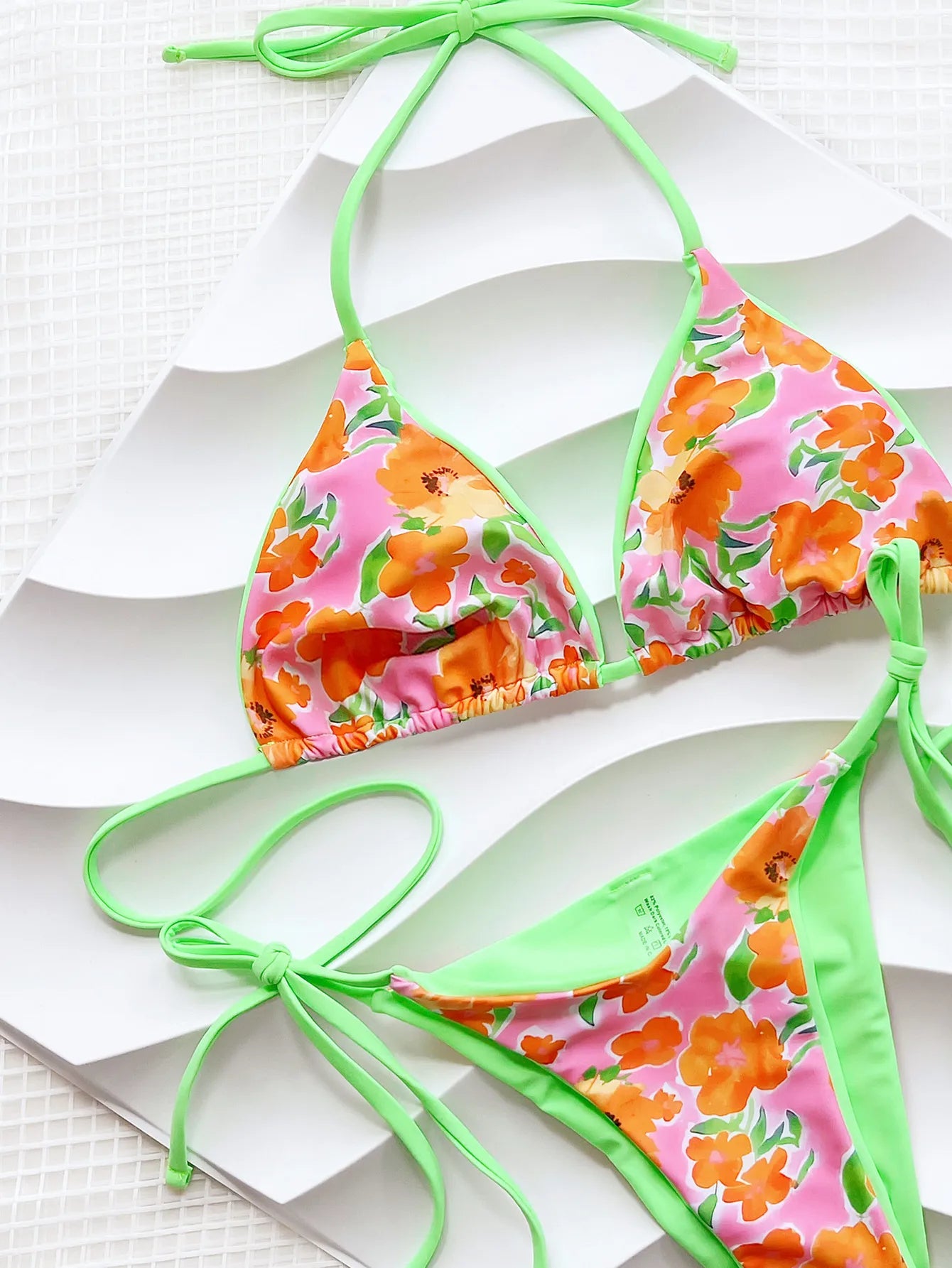 Sexy Neon Green Floral Print Patchwork Bikini