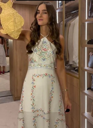 White Linen Halter Cross Back Strap Long Dress