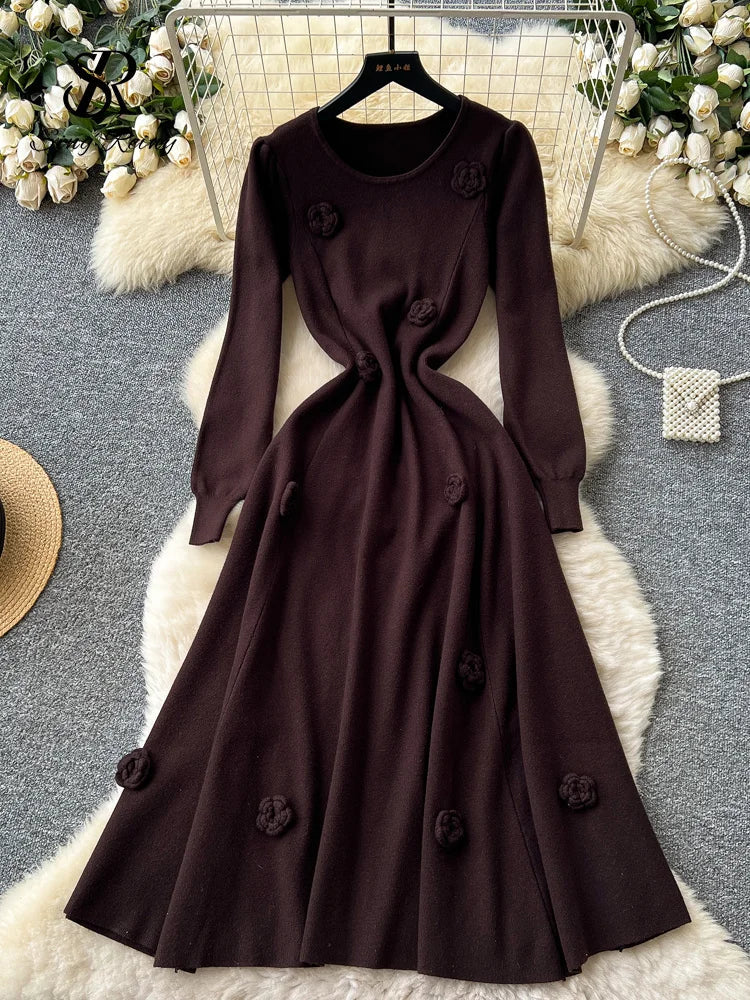 3D Floral Knitted Long Dress