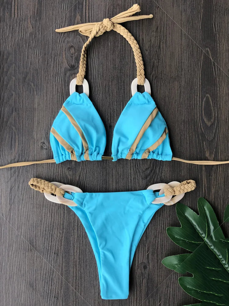 Splicing Halter Knitted Bikini