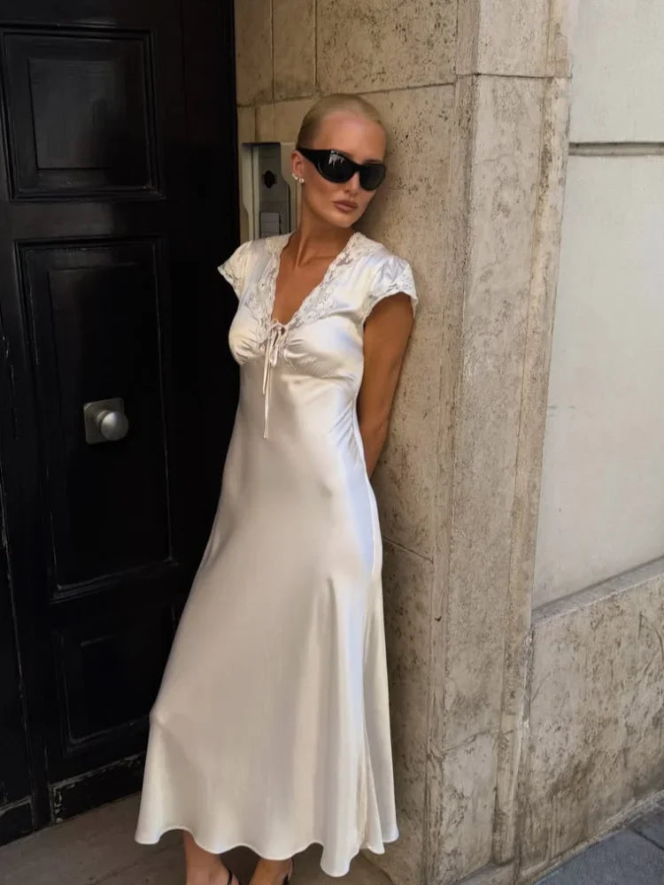 Vintage Silky Slip Midi Gown Lace Neckline Cap Sleeve Empire Flowy Skirt Elegant City Trendy Evening New Daily Outfit