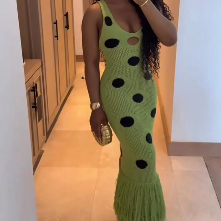 Green Hollow Knitted Tassel Dress