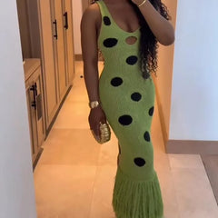 Green Hollow Knitted Tassel Dress