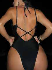 Shiny Sequins Hater V Neck Women Swimwear One Piece Swimsuit
