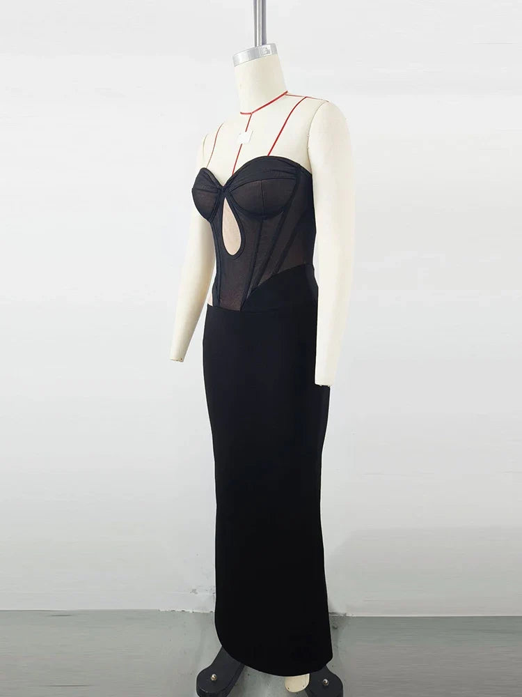 Black Mesh Patwork Bandage Evening Dress