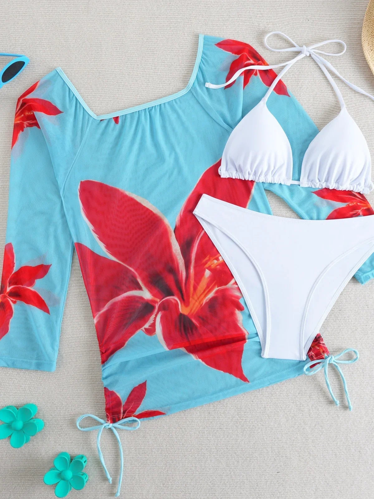 Sexy White Red Floral Print Bikini Set