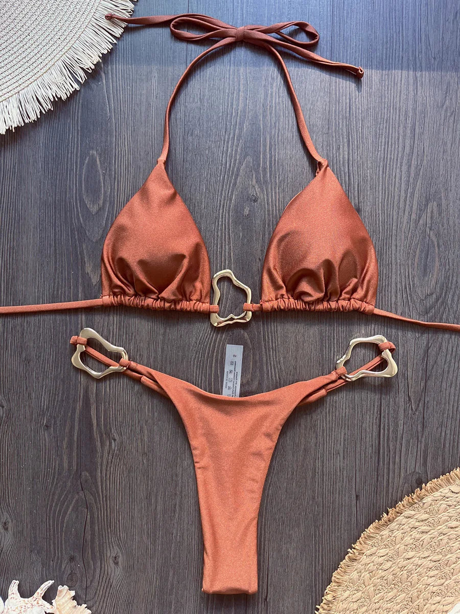 Sparkling Metal Ring Halter Extreme Mini Thong Bikini