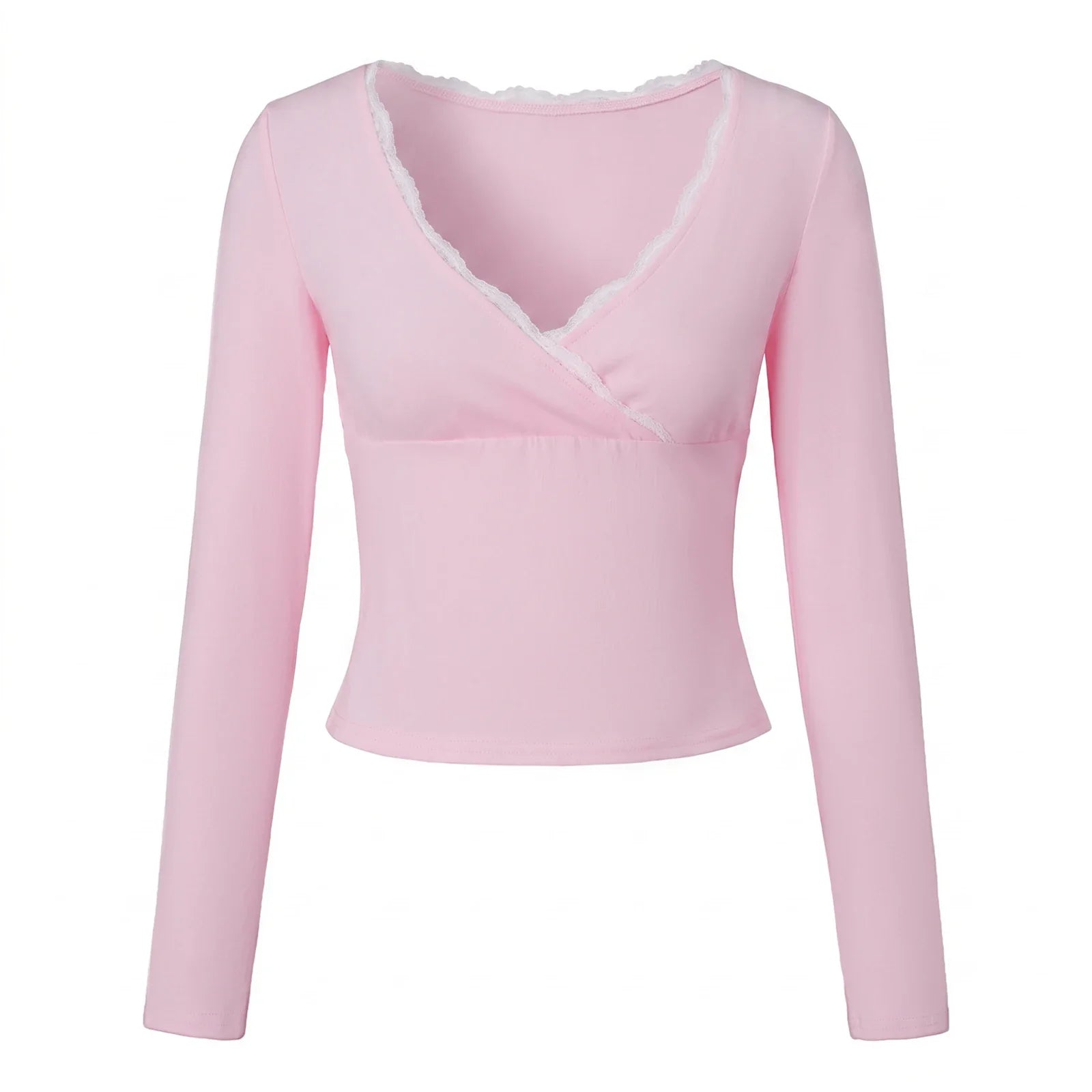 Solid Color V Neck Long Sleeve Lace Trim Crop Tops