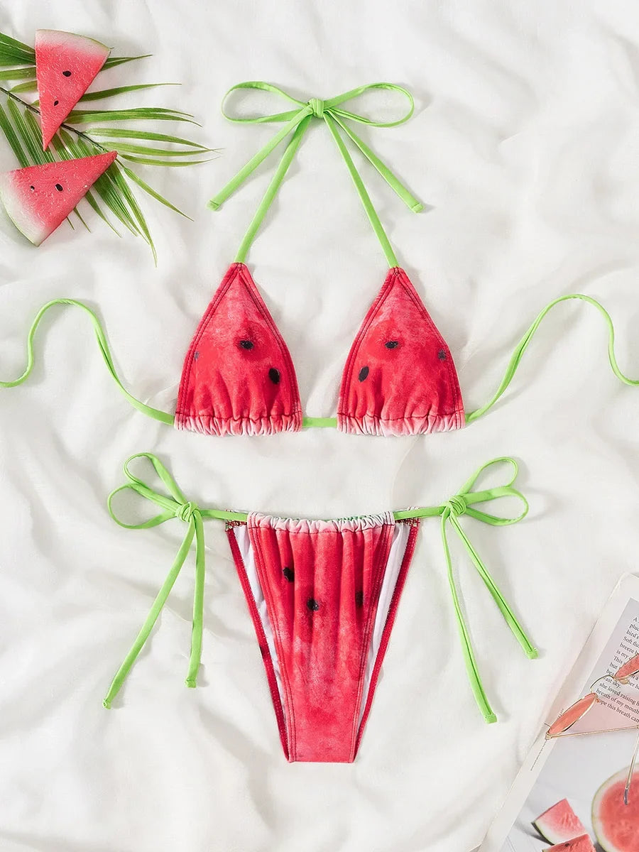 Watermelon Printed Halter Strappy Bikini