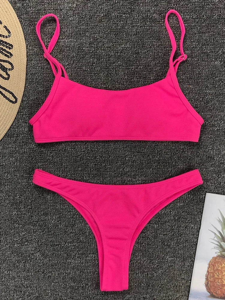 Sexy Neon Yellow Ribbed Brazilian Bikini