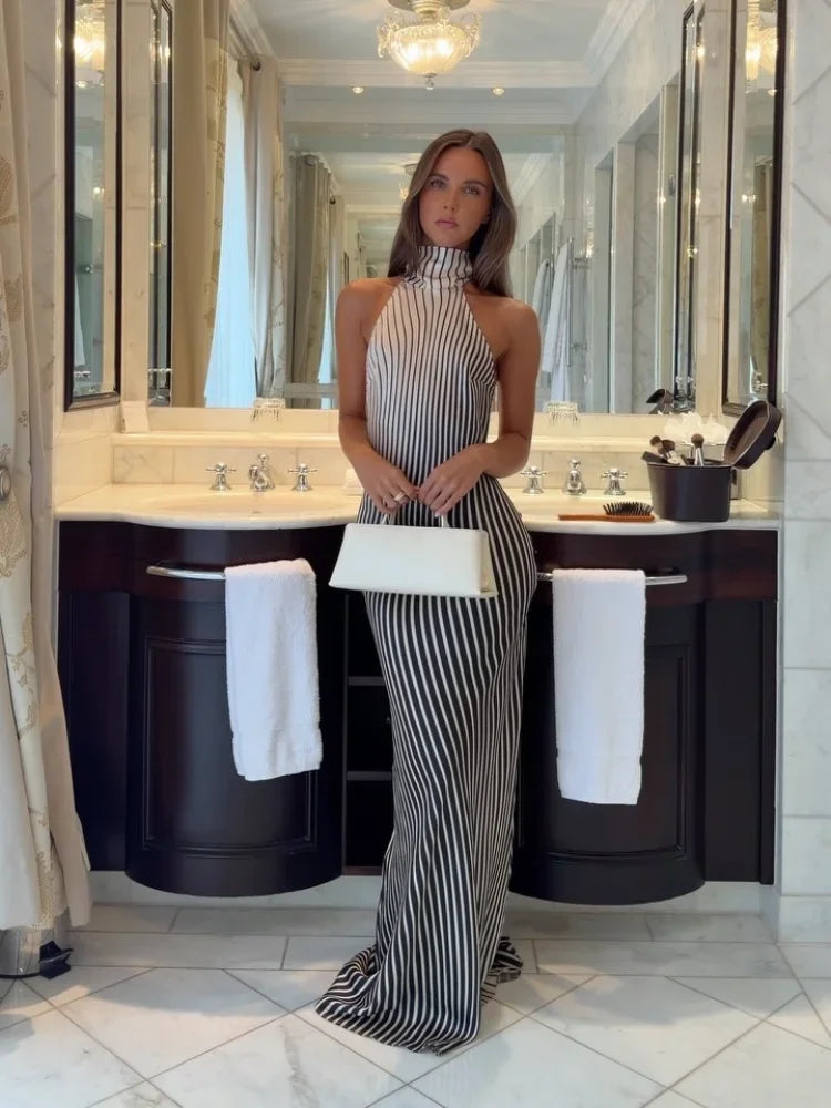 Sexy Backless Zebra  Striped Halter Maxi Dress
