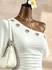 Diagonal One Shoulder Eyelet Ring Decor Short Sleeve Crop Top