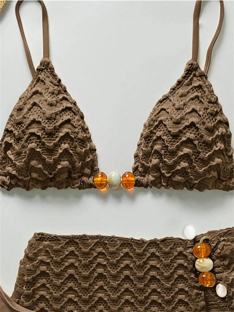 Sexy Coffee Pleate Skirt 3 Piece Swimsuit