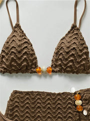 Sexy Coffee Pleate Skirt 3 Piece Swimsuit