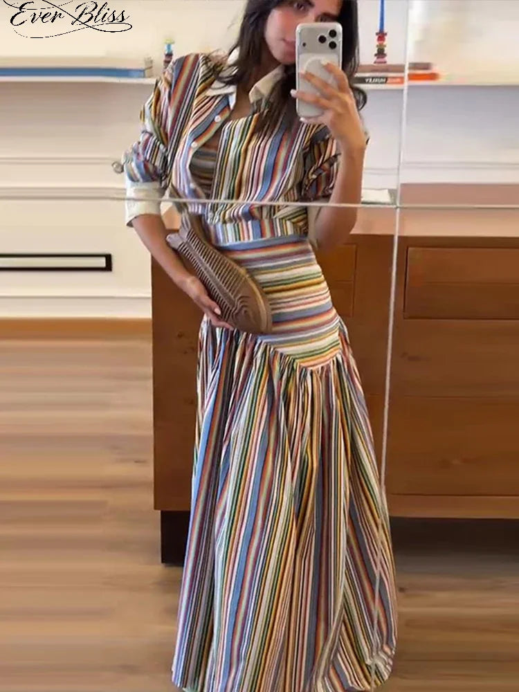 Boho Colorful Stripe Skirt Set Turn Down Collar Single Breasted Long Sleeve Shirt Fitted Waist Flowy Skirts Outfits