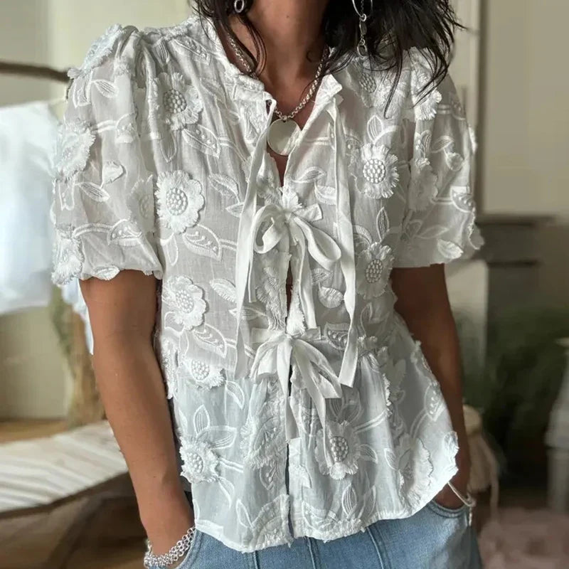 Floral Embroidery Bow Tie Front Babydoll Crop Tops