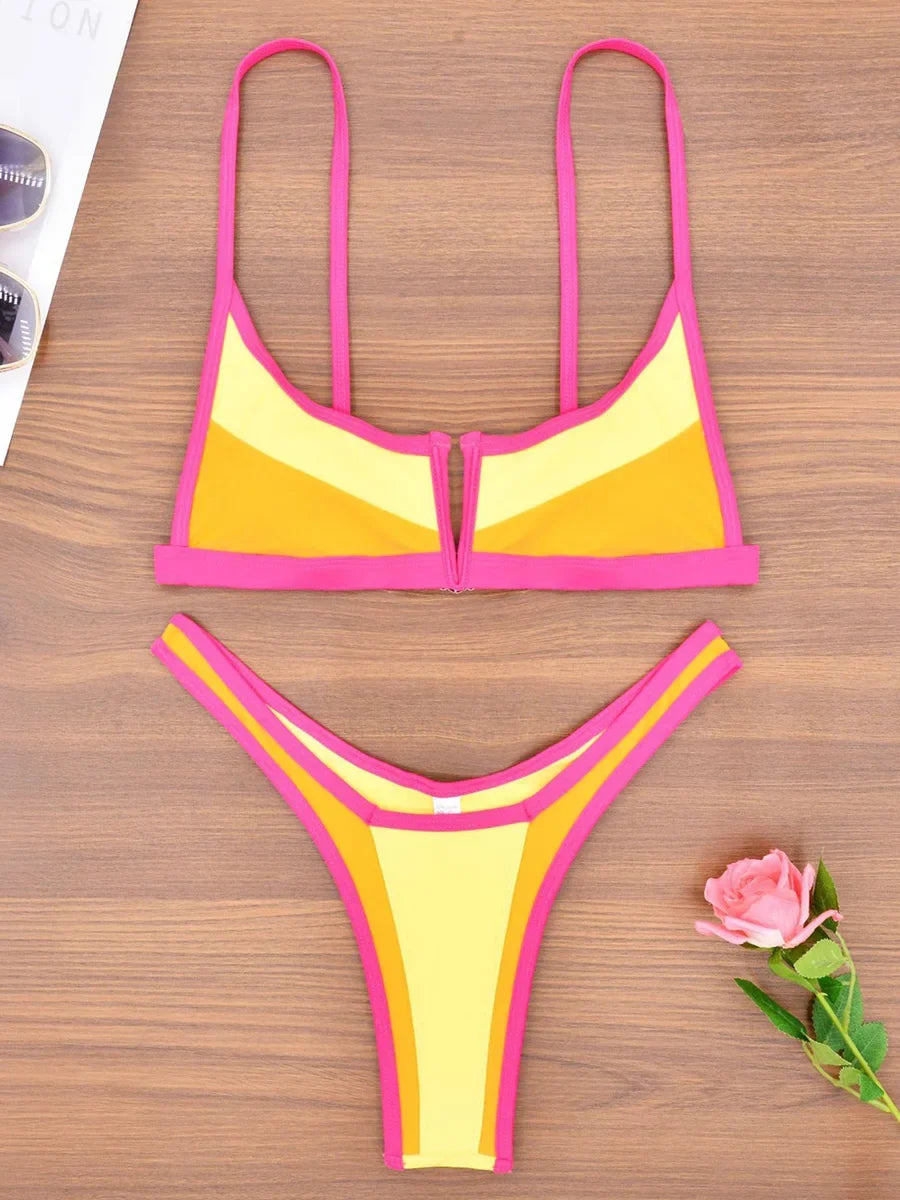 Splicing Denim V Shaped Thong Bikini