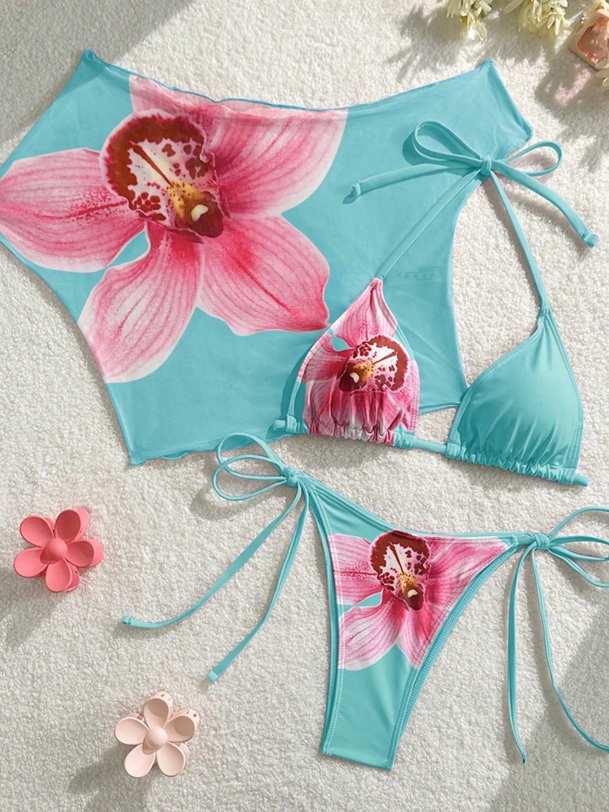 Sexy Pink Floral Print Short Sleeve Cover Up 3 Piece Bikini Set