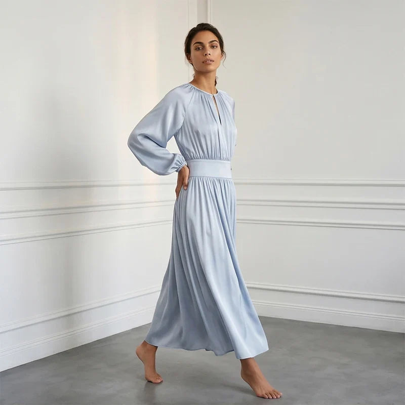 2026Light Blue Satin Midi Dress