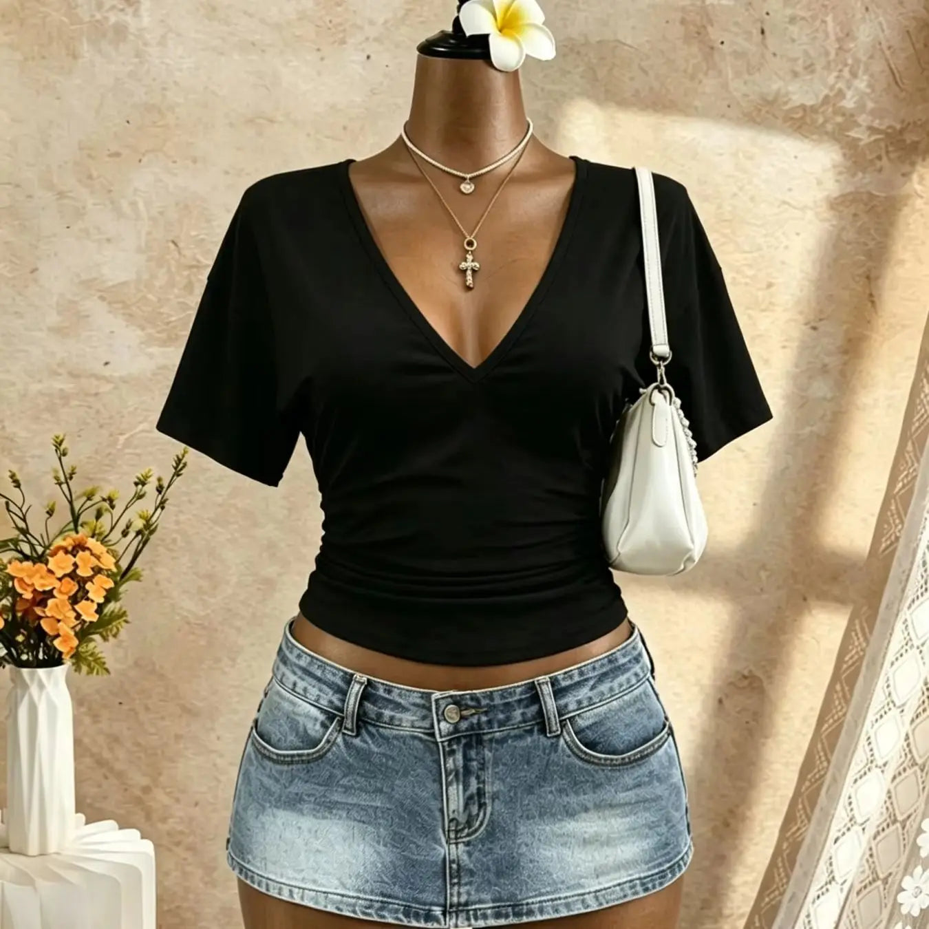 Front Side Ruched Slim Fit Cropped Casual T Shirt