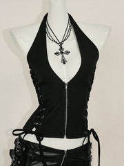 Gothic Zippered Front Opening Slim Fit Side Tie-Strap Backless Crop Top