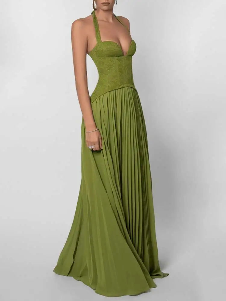 Elegant Corset Halter Pleated Maxi Dress