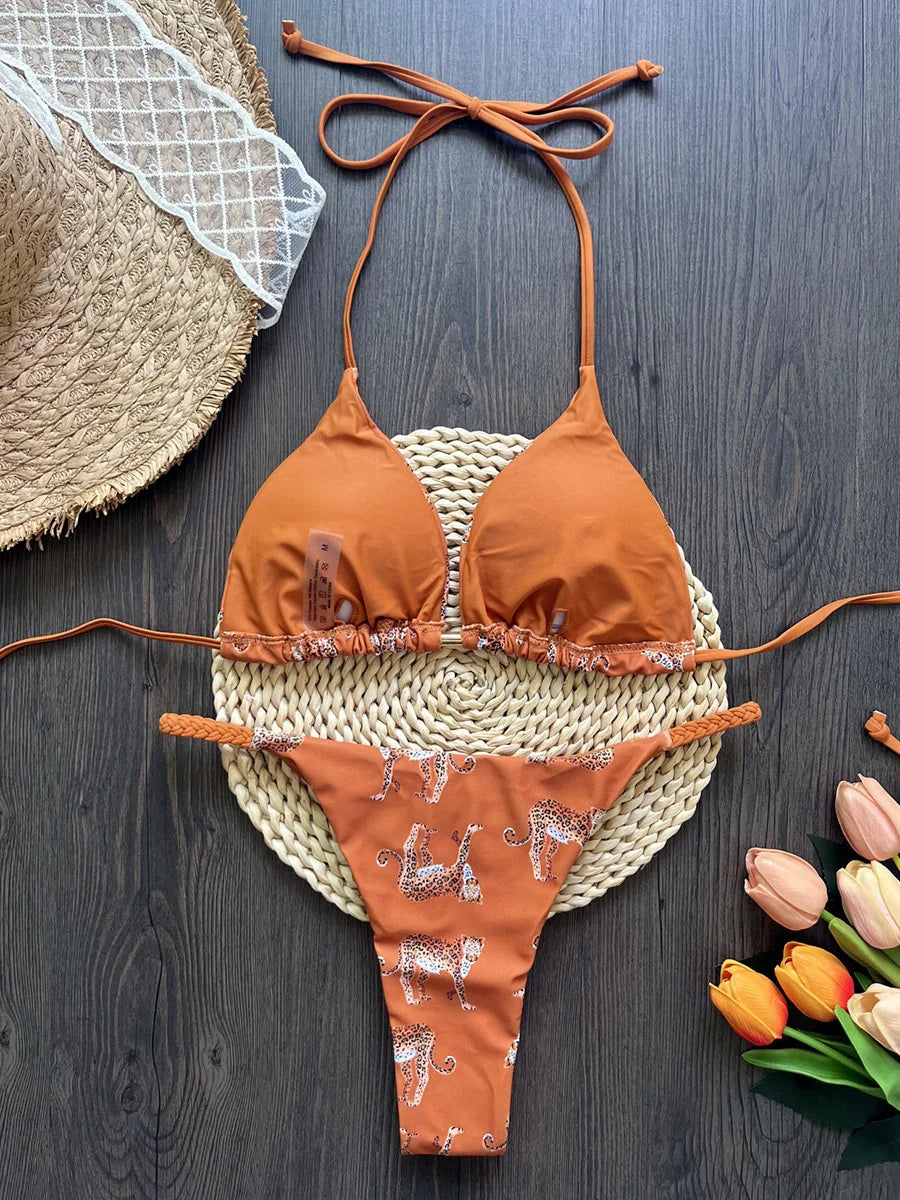 Leopard Halter Scrunch Butt Mini Micro Thong Bikini
