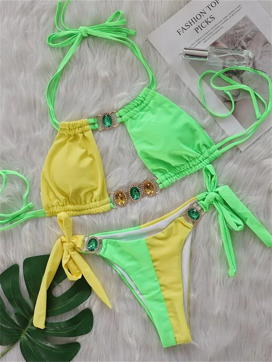 Luxury Rhinestones Splicing Bikini Set
