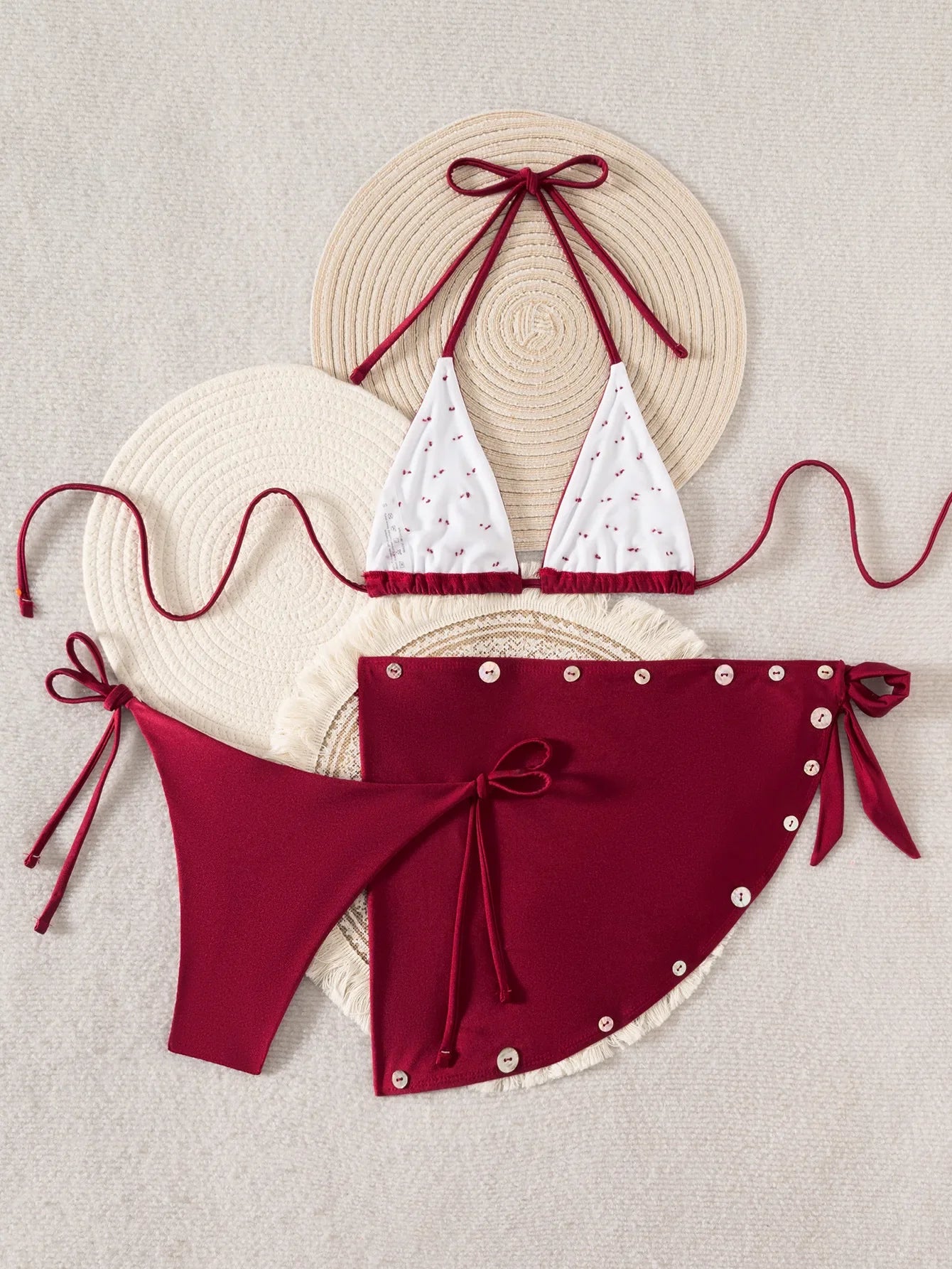 Sexy Red Button Skirt 3 Piece Bikini Set