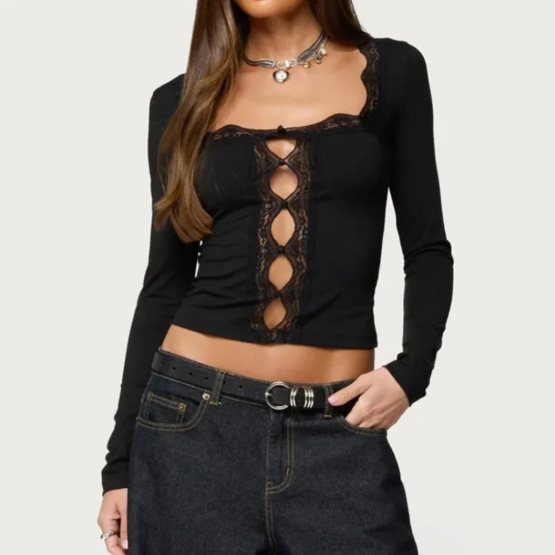 Y2K Lace Trim Square Neck Button Up Front Long Sleeve Crop Top